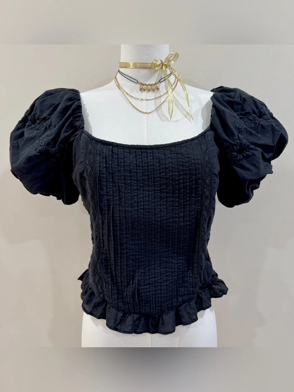 LoveShackFancy Cotton Embroidered Puff Sleeve Corset Crop Top Dark Coquette